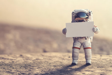 A man in a spacesuit holding a blank sign on a moon like surface. Concept of exploration and adventure, as the astronaut is standing on an alien landscape with a blank sign in his handの素材