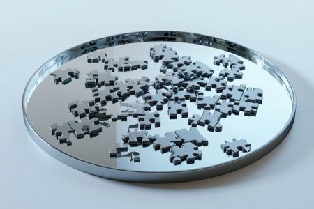 A silver tray with many pieces of jigsaw puzzle on it. The tray is round and made of metalの素材