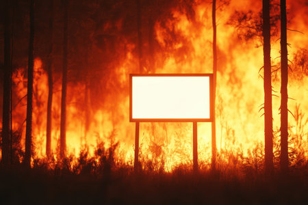 A white sign is in the middle of a forest fire. The sign is empty and the fire is raging around it. The scene is chaotic and dangerous, with the fire threatening to destroy everything in its pathの素材
