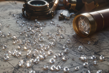 A map is laid out on a table with a large number of diamonds scattered around it. The diamonds are of various sizes and are spread out across the map. The scene gives off a sense of luxury and wealthの素材