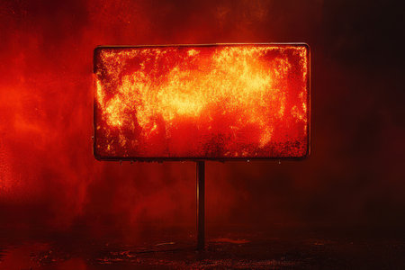 A sign is on fire and surrounded by sparks. The sign is a large square with a black backgroundの素材