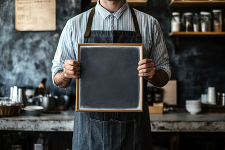 A man is holding a white sign in a kitchen. He is smiling and he is happyの素材