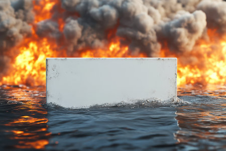 A white box is floating in the ocean with a fire in the background. The scene is chaotic and dangerous, with the fire and water creating a sense of urgency and dangerの素材