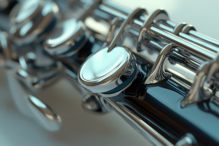 A close up of a black and silver flute. The instrument is made of metal and has a shiny finish. The flute is placed on a white background, which gives it a clean and elegant appearanceの素材