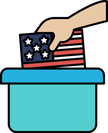 A hand is putting a piece of paper into a blue container. The paper is an American flagのイラスト素材
