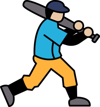 A man in a blue shirt and orange pants is holding a baseball bat and running. He is likely a baseball player preparing to hit a ballのイラスト素材