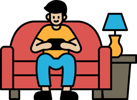 A man is sitting on a red couch playing a video game. The couch is the main focus of the image, and the man is the secondary focus. Scene is relaxed and casualのイラスト素材