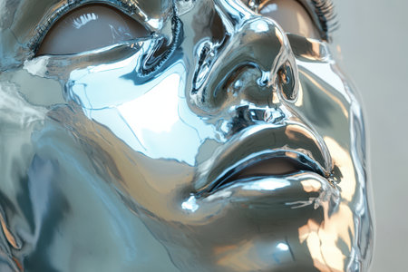 A woman's face is reflected in a silver surface. Concept of calm and serenity, as the woman is in a peaceful state of mind. The silver surface adds a touch of eleganceの素材