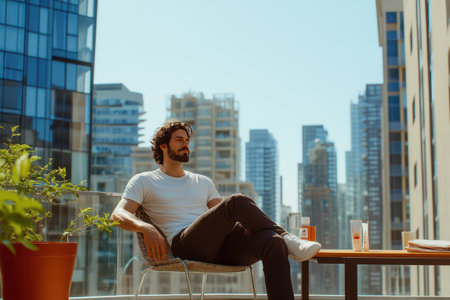 A man is sitting on a chair on a balcony in a city. He is looking at the city skyline and seems to be enjoying the viewの素材