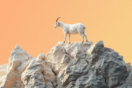 A goat is standing on a rocky mountain. The goat is white and has a brown horn. The mountain is orange and the goat is the only living thing in the sceneの素材