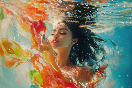 A woman is swimming in a pool with a colorful scarf wrapped around her head. The scarf is made of different colors and patterns, creating a vibrant and lively atmosphereの素材