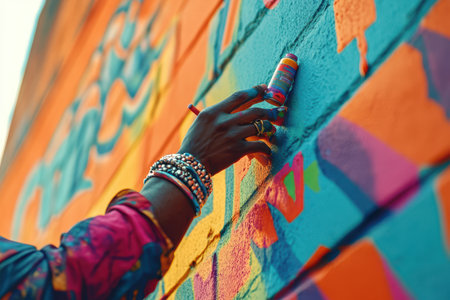 A person is painting a wall with a spray can. The wall is orange and the person is wearing a pink shirtの素材