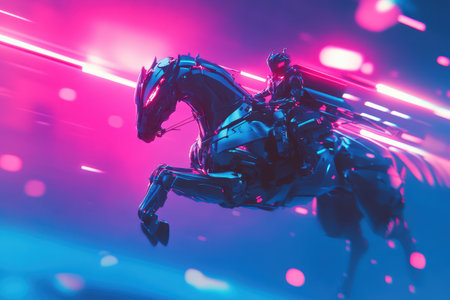 A horse is flying through a colorful, futuristic sky. The horse is wearing a helmet and is surrounded by a glowing, neon background. The scene is full of energy and excitementの素材