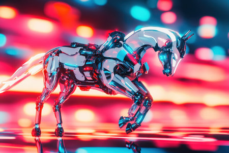 A horse with a robotic body and glowing eyes. The horse is running through a neon pink backgroundの素材