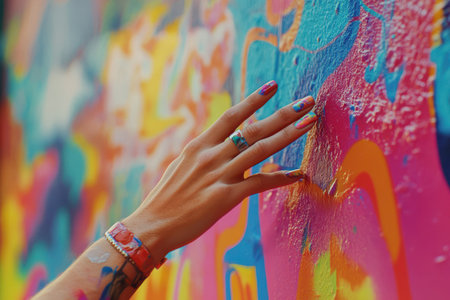 A woman's hand is painted on a colorful wall. The painting is abstract and has a lot of different colors. The woman's hand is in the middle of the painting, and it is reaching out to the wallの素材