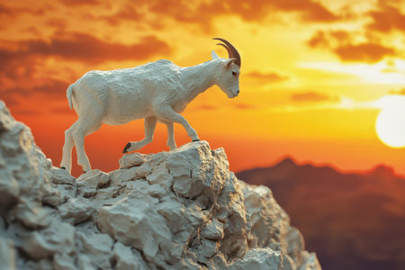 A white goat is walking on a rocky mountain. The goat is the only animal in the scene. The sky is orange and the sun is settingの素材