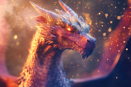 A dragon with red eyes and a fiery breath. The dragon is surrounded by a lot of sparks and fire, giving it a fierce and powerful appearanceの素材