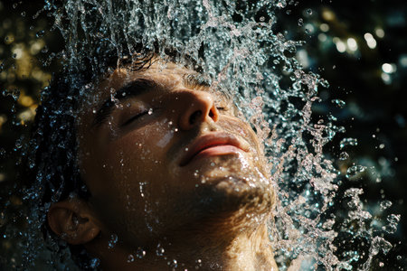 A man is standing under a shower head and is enjoying the water. The water is falling on his face and he is smilingの素材