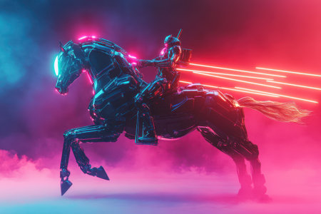 A horse is riding a robot with a sword and a glowing head. The robot is surrounded by a purple and blue backgroundの素材