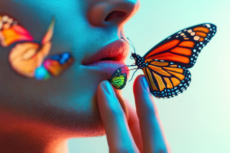 A man's face is covered in butterflies, with one of them resting on his lip. Concept of whimsy and playfulness, as well as a connection to nature and the beauty of the natural worldの素材