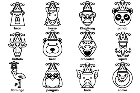 Set of illustrations in the concept of various animals wearing clown hats in a line styleのイラスト素材