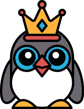 A cartoon penguin wearing a crown. The penguin is wearing glasses and has a happy expressionのイラスト素材