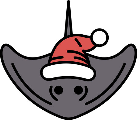 Illustration of a stingray wearing a Santa hat in line art style.のイラスト素材