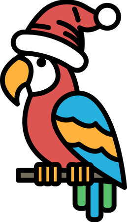 A colorful parrot wearing a Santa hat. The parrot is perched on a branch. The image has a festive and cheerful moodのイラスト素材