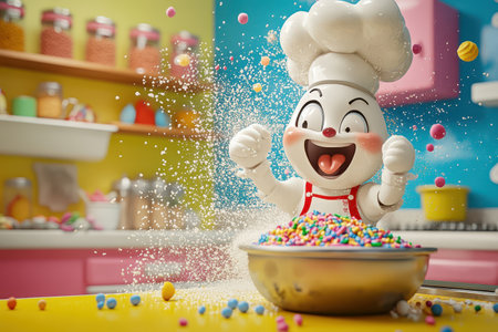 A cartoon chef is in a kitchen with a bowl of colorful sprinkles on the counter. The sprinkles are falling out of the bowl and the chef is smiling. Scene is happy and playfulの素材