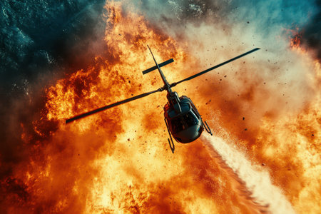 A helicopter is flying through a fiery explosion. The scene is intense and action-packed. The helicopter is the main focus of the image, and it is surrounded by the chaos of the explosionの素材