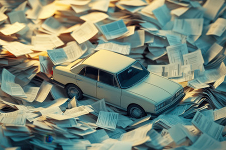 A car is covered in papers and is sitting on top of a pile of papers. The car is small and white, and the papers are scattered all around it. The scene gives off a feeling of chaos and disorganizationの素材