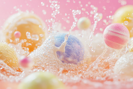 A colorful bath bomb is surrounded by water, creating a playful and fun atmosphere. The bath bomb is surrounded by other bath bombs of various colors, creating a vibrant and lively sceneの素材