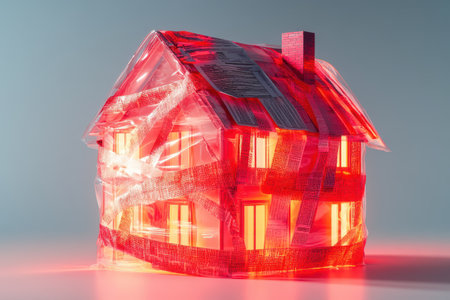 A house covered in plastic wrap and red tape. The house is covered in red tape and plastic wrap, giving it a creepy and eerie appearanceの素材
