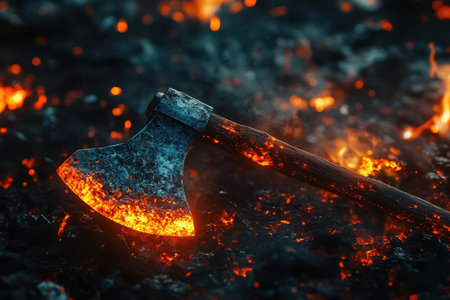 A large, black and red axe is surrounded by a pile of burning wood. Concept of danger and destruction, as the axe is surrounded by flames and ash. The contrast between the dark, menacing axeの素材