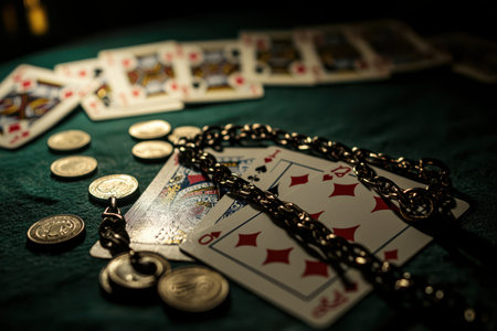 A deck of cards and a gold chain are on a green table. The cards are scattered around the chain, and there are also some coins on the table. The scene gives off a sense of luxury and leisureの素材