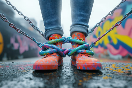 A person is chained to a chain with their feet tied together. The shoes are painted in bright colors, and the chain is wrapped around the person's legs. Concept of confinement and restrictionの素材