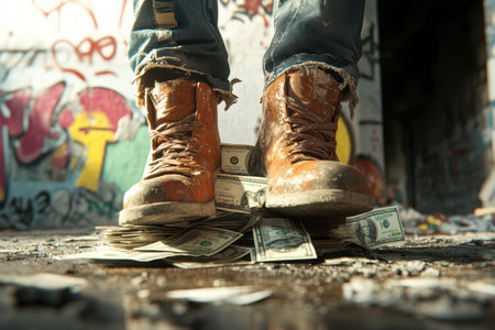 A person is standing on a pile of money. The person is wearing boots and jeans. The money is in piles on the groundの素材