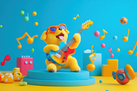 A cartoon dog is playing a guitar on a stage with a colorful background. The scene is lively and fun, with the dog wearing sunglasses and the guitar adding a playful touchの素材