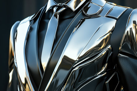 A man in a suit and tie is wearing a shiny, metallic jacket. The jacket is made of a shiny, metallic material that gives it a futuristic appearance. The man's tie is also metallicの素材