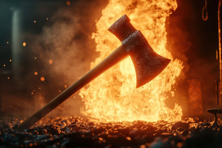 A large axe is sitting in front of a pile of burning wood. The image has a dark and ominous mood, with the flames and the axe creating a sense of danger and forebodingの素材