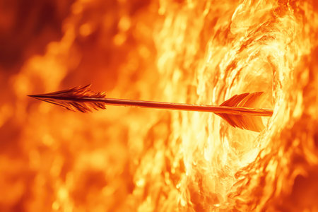 A flaming arrow is shot through a hole in a fiery ocean. Concept of danger and destruction, as the arrow pierces through the flames and water. The contrast between the sharp, pointed arrowの素材