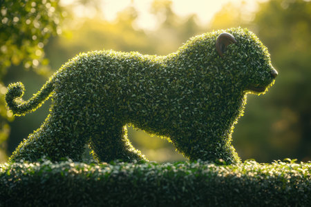 A green hedge shaped like a lion. The lion is standing on a green bushの素材