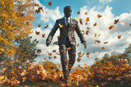A man in a suit is surrounded by falling leaves. The leaves are scattered all around him, and he is walking through them. The scene has a whimsical and playful moodの素材