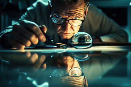 A man is looking at a magnifying glass with a pen in his hand. He is focused on something on the paperの素材
