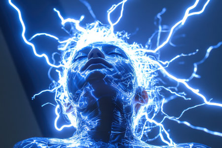 A woman's face is shown with a blue glow and lightning bolts surrounding her. Concept of power and energy, as if the woman is a force of natureの素材