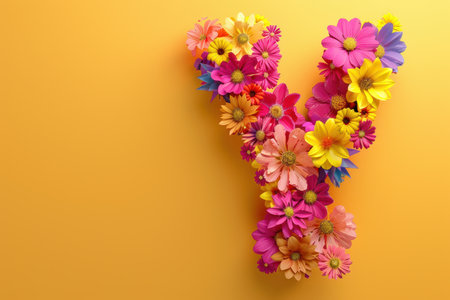 A large flowery letter Y, made up of various types of flowers. The flowers are arranged in a way that creates a sense of movement and life, as if the letter is bloomingの素材