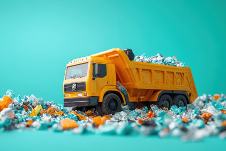 A toy dump truck is covered in trash and debris. The scene is chaotic and messy, with the truck being the only object of interest. Concept of disorder and neglectの素材