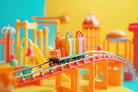 A train with four shopping bags on it is going down a track. The train is surrounded by buildings and other objects, giving the impression of a busy city. The bright colors of the trainの素材