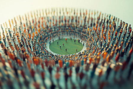 A group of people are gathered in a circle, with some of them playing a game. The scene is lively and full of energy, with people of all ages and sizes participatingの素材