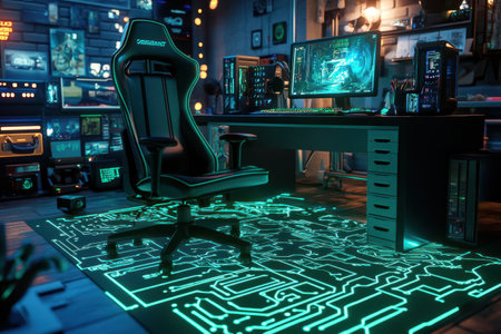 A computer room with a neon green carpet and a black chair. The room is filled with computer equipment and has a futuristic vibeの素材